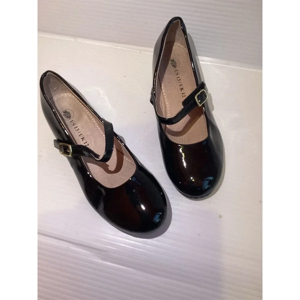 Girls' Black Mary‎ Jane Flats with Buckle Ankle Strap Size 13